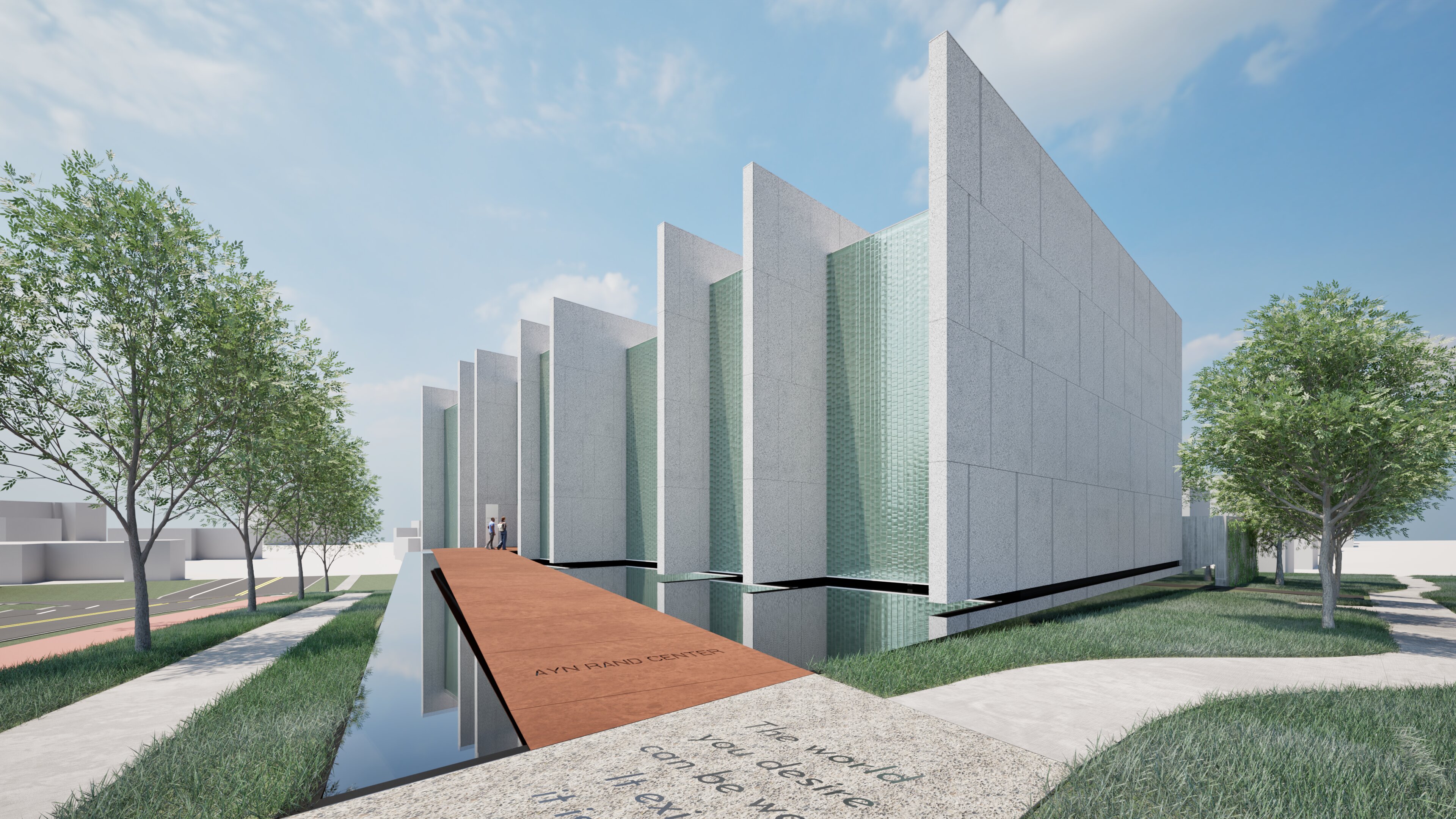 Ayn Rand Center - approved image 01: ramp entrance view with signage, daytime.